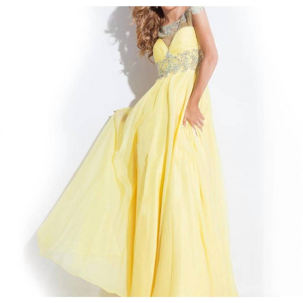 NEW RACHEL ALLAN beaded high mesh neck chiffon prom gown in yellow